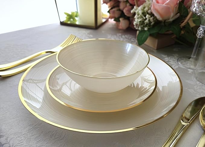 " OCCASIONS " 240 Plates Pack,(120 Guests) Premium Wedding Party Disposable Plastic Plates Set -120 x 10'' Dinner + 120 x 7'' Salad/Dessert (Belize in Ivory & Gold)