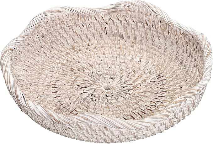 Hipiwe Handwoven Rattan Basket Tray Decorative Key Tray for Entryway Table Handwoven Wicker Storage Bowl for Fruit Bread Candy, Whitewash 7.9 Inch