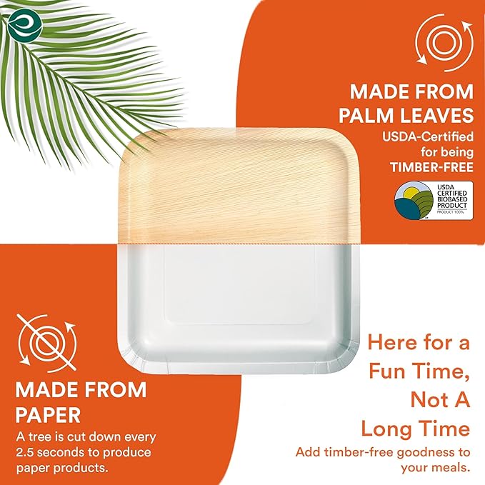 ECO SOUL Palm Leaf Square Plates 7" & 10" (100 Count) Compostable|Biodegradable| Eco-Friendly Disposable Party Plates for Appetizers - Dinner Parties, Wedding & Events