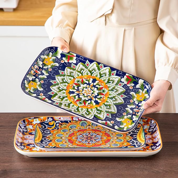 vancasso Serving Platters Set of 3, 16"/14"/12" Inch Rectangular Trays - Serving Platter Extra Large, Ceramic Bohemian Serving Dish for Entertaining Food, Microwave & Dishwasher Safe, Colorful