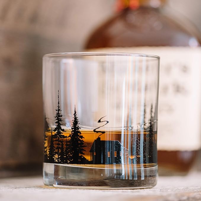 Black Lantern Cabin in the Forest Whiskey Glass Set – 11oz Old Fashioned Rocks Tumblers with Cabin & Pine Tree Design | Hand-Printed Heavy-Base Barware for Bourbon, Scotch & Cocktails (Set of 2)