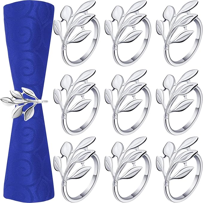 Hotop 12 Pcs Leaf Napkin Rings Set Silver Metal Napkins Rings Holders Bulk Glossy Table Adornment for Vintage Wedding Bridal Thanksgiving Christmas Holidays Fall Dinner Party Decoration Favors