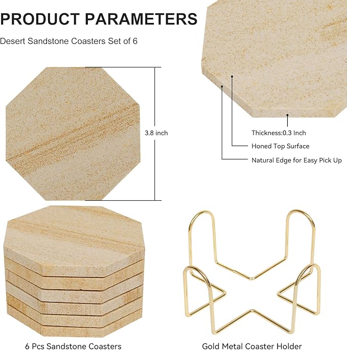 Highly Absorbent Sandstone Coasters Set of 6 with Holder, Octagonal Desert-Like Patterns Australian Sandstone Bar/Drink Coasters for Coffee Table, Office Desk, Outdoor, Bedroom Nightstand