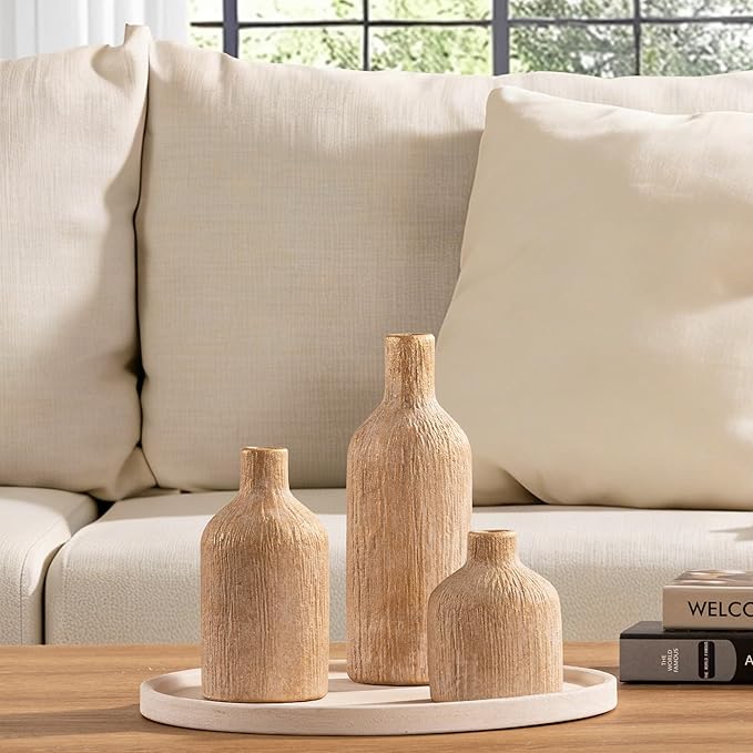 Ceramic Vase Home Table Decor - Gold Flower Vase Set of 3 Living Room Kitchen Decorations Farmhouse Modern Rustic Vases Decorative Centerpiece for Shelf Bedroom Office Bathroom Dining Coffee Desk