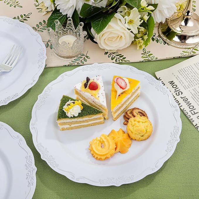 DaYammi 60PCS White and Silver Plastic Plates, Heavy Duty White and Silver Disposable Plates Premium 10inch White Dinner Plates Hard Plastic Plates Disposable for Party Wedding Bridal Shower