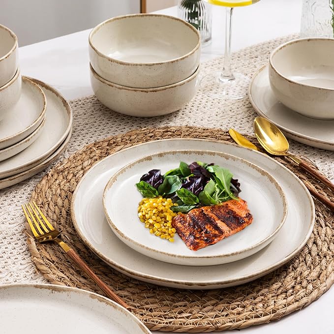 AmorArc Ceramic Dinnerware Sets, Wavy Rim Stoneware Plates and Bowls Sets, Highly Scratch Resistant | Dishwasher & Microwave Dishes set, Service for 4 (12pc)-Speckled Cappuccino)