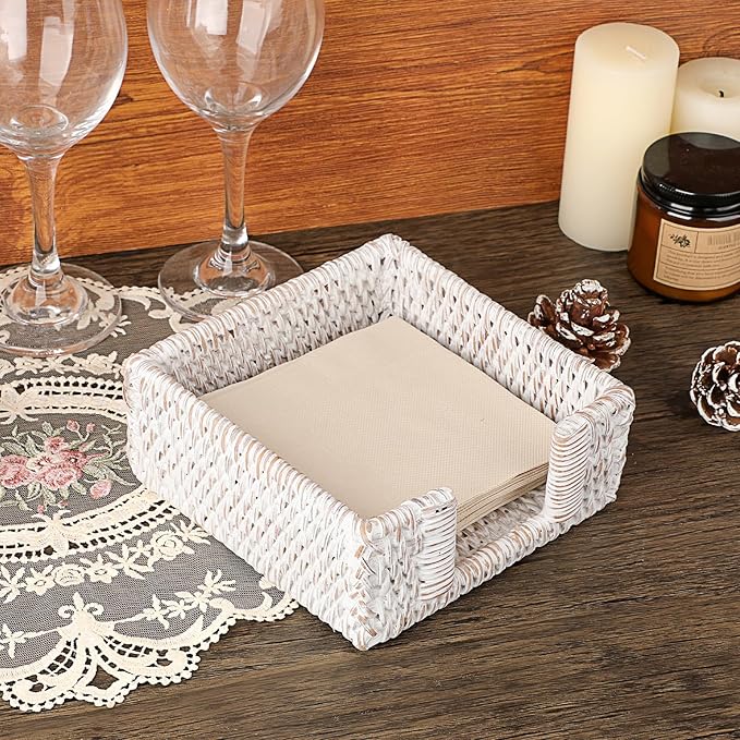 Sumnacon Napkin Holder for Table, Square Cocktail Napkin Holders, Wicker Rattan Napkin Dispenser Rustic Napkin Basket Tray for Dining Table Kitchen Countertop Picnic Party Bar, Vintage Whitewash