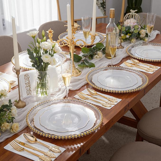 WDF 300 Pieces Gold Plastic Silverware Disposable - Heavy Duty Plastic Cutlery - Gold Silverware Sets Includes 100 Forks, 100 Spoons, 100 Knives for Valentine's Day