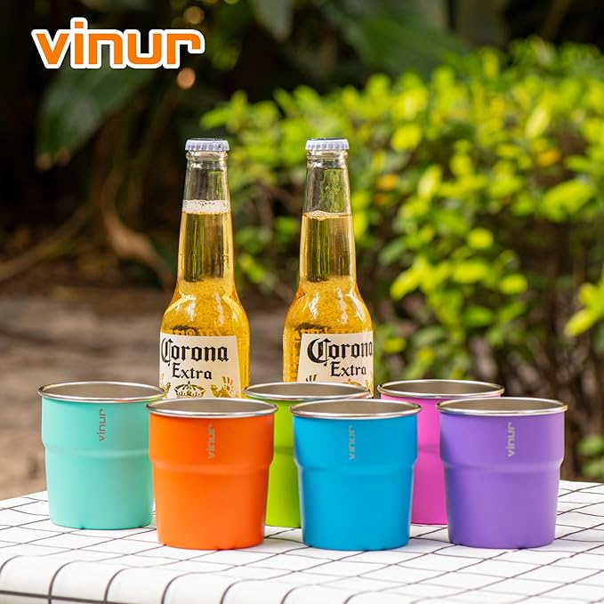 VINUR 8 oz Stainless Steel Cups Tumbler Stackable Metal Drinking Glasses for Travel, Camping, Outdoors, 4 Pack (Baby Blue-Navy-Teal-Purple)