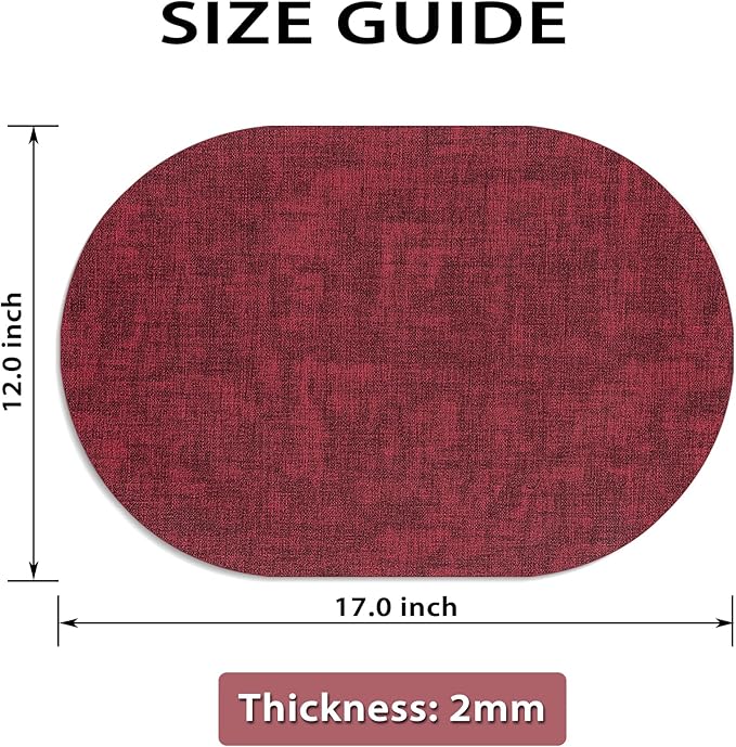 Placemats for Dining Table Set of 6 Non-Slip, Heat Resistant Oval Leather Placemat Double Layer, Waterproof Table Mats Easy to Clean for Kitchen Dining Room Coffee Office Table, Wine Red
