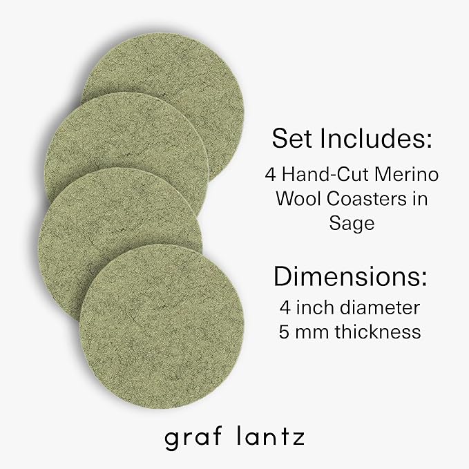 Graf Lantz - Bierfilzl Merino Wool Round Coasters Set of 4 - Sage (4" Circles) - Absorbs 30% of Weight - German Wool - Heat Resistant, Sustainable, & Reusable - Home Decor & Coffee Table Decor
