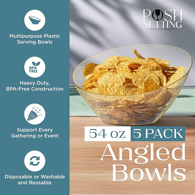 Posh Setting - Gold Plastic Serving Bowls for Party - Angled, Disposable, Chip & Candy Bowls - 54 OZ, 5 Pack