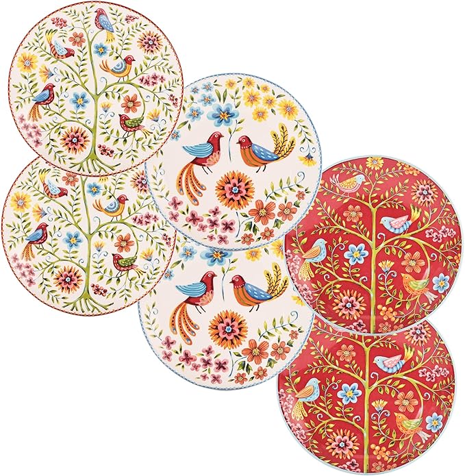 Bico Red Spring Bird Appetizer Plates Set of 6, 6 Inch Small Ceramic Dessert Plates for Snacks, Salad, Tablescape, Microwave and Dishwasher Safe, Gift for Housewarming and Thanksgiving