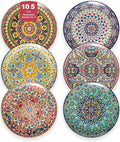 Dinner Plate Set of 6, 10.5-inch Large Plate for Dessert, Pasta, Salad, Ceramic Bohemian Dishes for Kitchen Microwave Dishwasher Safe