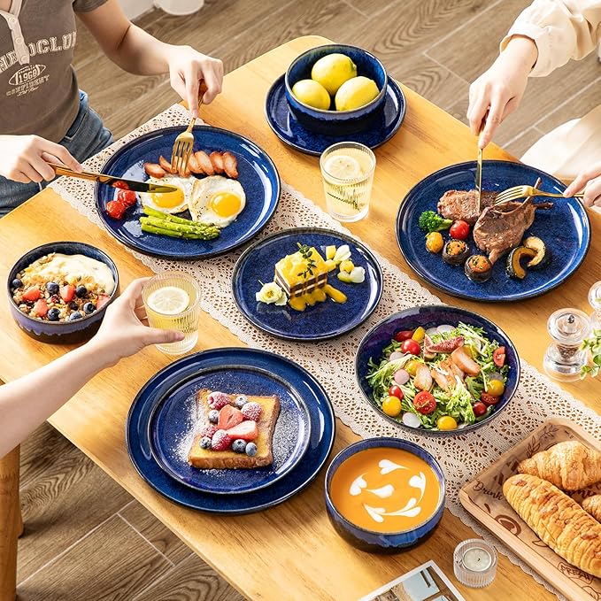 vancasso Starry Plates and Bowls Sets for 6, 24 Pieces Dinnerware Sets, Blue Reactive Glaze Dishes Sets for Kitchen, Scratch Resistant Stoneware Dishes Set, Dishwasher and Microwave Safe