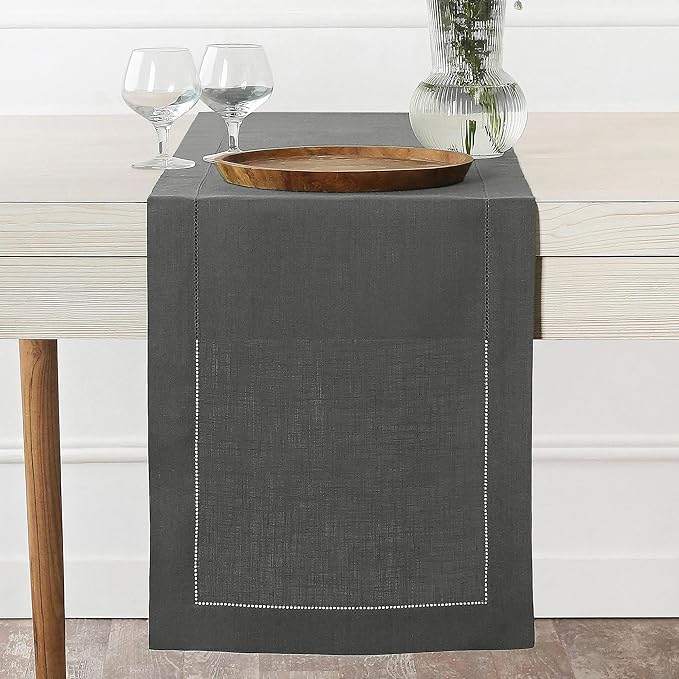 D'Moksha Homes Linen Charcoal Grey Table Runner 144 Inches Long - 100% Pure Linen Extra Long Table Runner 14 x 144 Inch for Spring, Easter - Classic Hemstitch