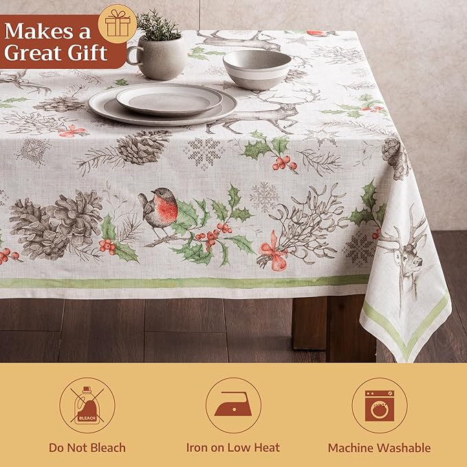 Maison d' Hermine Table Cloth Rectangle Table 100% Cotton 70 x 108 Inches Fall Tablecloth Reusable Everyday Use for Thanksgiving Christmas Decorations Dining Farmhouse Party (Christmas Dew)