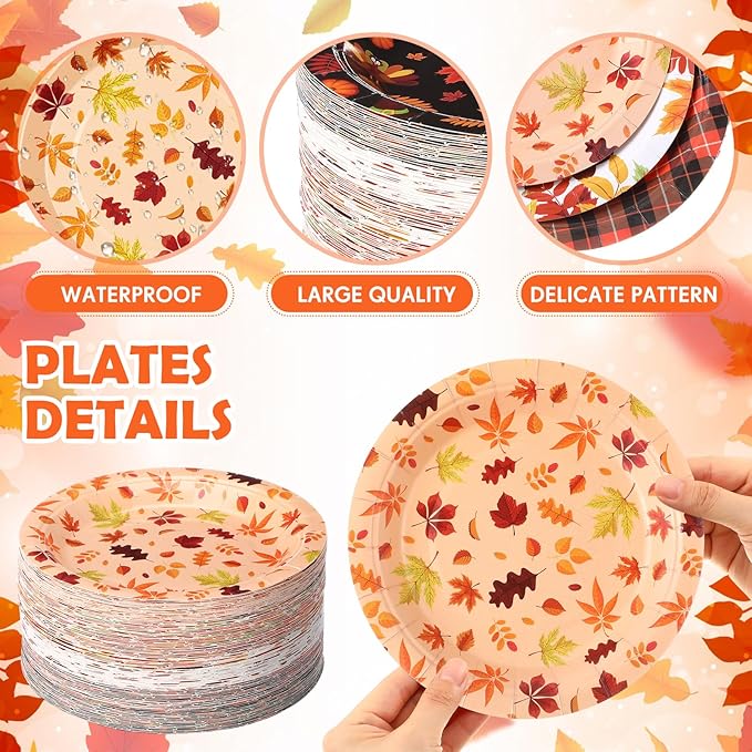 Umigy 120 Pcs Thanksgiving Paper Plates 7 Inch Hello Fall Dessert Plates, Fall Mable Leaves Dinner Disposable Tableware Harvest Party Dessert Tableware for Give Thanks Theme Autumn Thanksgiving Party