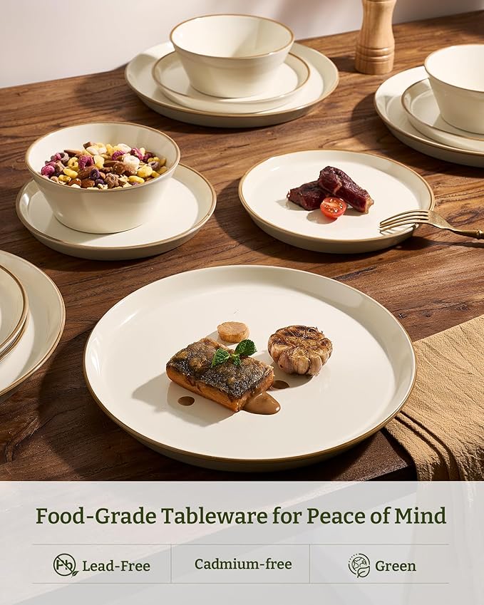 Famiware Saturn Stoneware Dinnerware Sets for 8 (24 Pieces), Ceramic Plates and Bowls Dish Sets with Hand-Painted Trim - Chip & Scratch Resistant, Microwave & Dishwasher Safe Tableware, Vanilla White