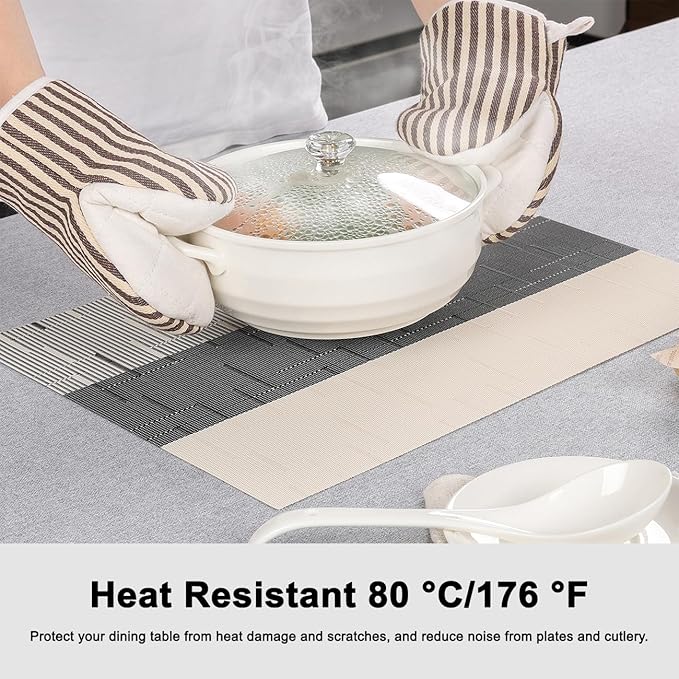 Placemats Set of 6, Vinyl Woven Place Mats Indoor Set of 6 Washable Wipeable PVC Table Mats Heat-Resistant Non Slip Plastic Placemat for Kitchen Dining Outdoor Table (Beige Black, Set of 6)