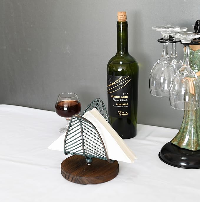 OwlGift Freestanding Modern Napkin Holder w/Golden Turquoise Wrought Iron Leaf & Brown Wooden Base Design, Tabletop Tissue Dispenser, Napkin Storage Organizer