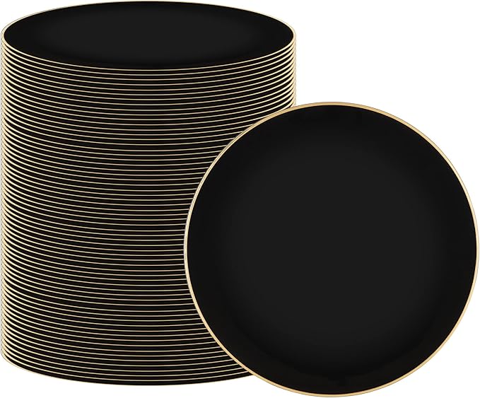 PARTY BARGAINS 13-Inch Charger Plates - 96 Pack, Organic Collection Black Gold Rim, Heavy-Duty Disposable Chargers for Elegant Dining - Ideal for Weddings and Formal Events