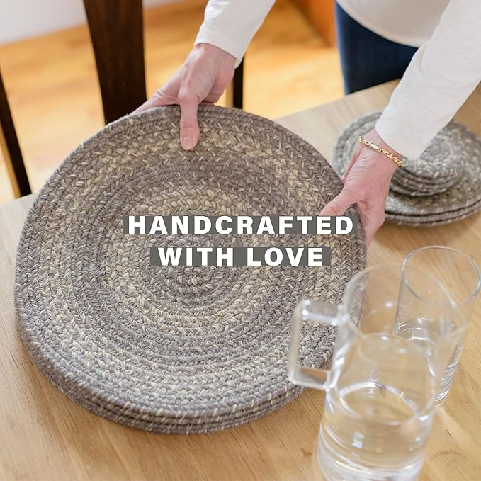 Homespice Grey Cloud Round Braided Placemats, Warm Farmhouse Decor, Set of 2, 15", Grey Jute Table Mats - Vibrant Colors, Durable, Easy to Clean and Protects Furniture