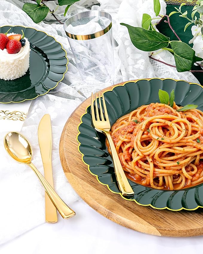 YOUBET 175PCS Green Scalloped Plastic Plates - Green and Gold Disposable Dinnerware Set Include 50 Plates, 75 Gold Silverware, 25 Cups, 25 Napkins for Party & Wedding