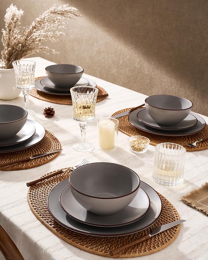 Famiware Venus Speckled Dinnerware Set with Pasta Bowls, Service for 4 (16 Pieces), Stoneware Plates and Double Bowls Sets, Microwave & Dishwasher-Safe Dishes with Trim, Matte Dark Grey