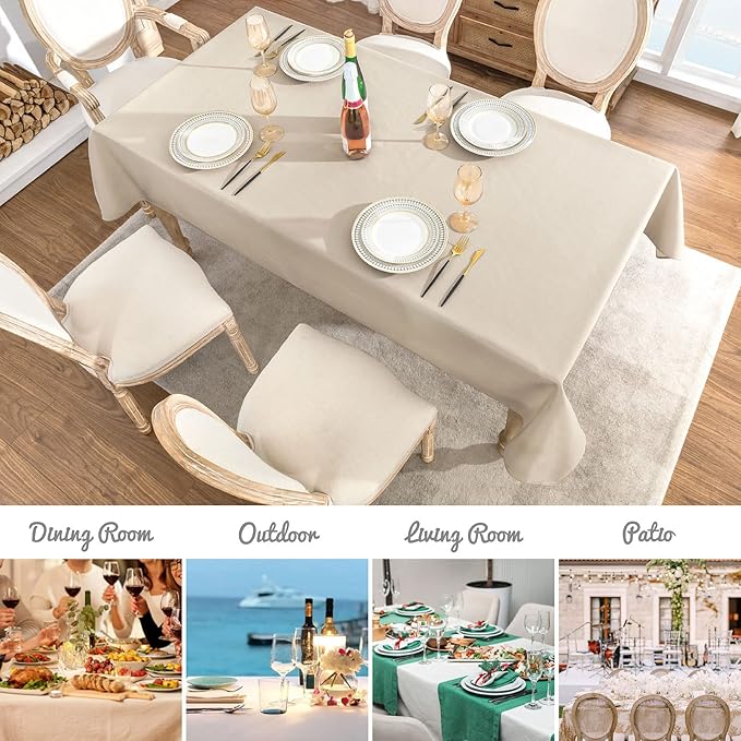 Rectangle 8 Feet Tablecloth 60x120 inch Linen Textured Table Cloth Stain and Wrinkle Resistant Washable Polyester, Decorative Table Cover Waterproof for Dining, Buffet and Camping, Beige