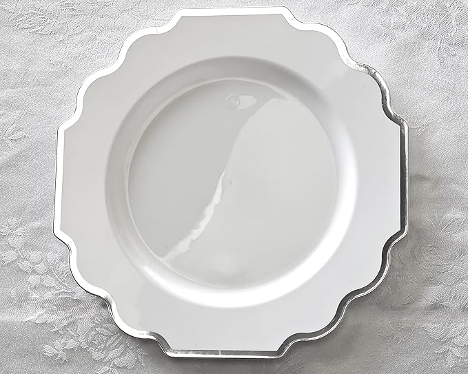 " OCCASIONS " 240 Plates Pack (120 Guests) Heavyweight Wedding Party Disposable Plastic Plates Set -120 x 10.5'' Dinner + 120 x 8'' Salad/Dessert Plate (Imperial in White & Silver Rim)