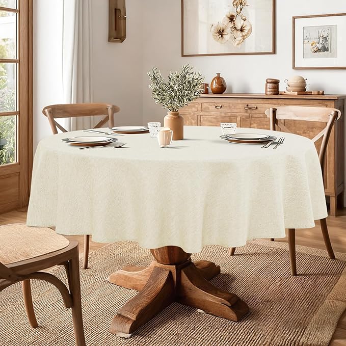 JIUZHEN Round Table Cloth Faux Linen Farmhouse Tablecloth Wrinkle & Stain Resistant Table Cover for Kitchen Dining, Holiday Party Dinner, Champagne, 108 Inch Round