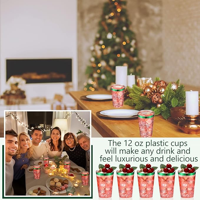 Patelai 100 Pcs Green Plastic Cups 12 oz Green Rimmed Plastic Cups Heavy Duty Disposable Wine Glasses Clear Cocktail Glasses Drinking Tumblers for Party Wedding Christmas Birthday