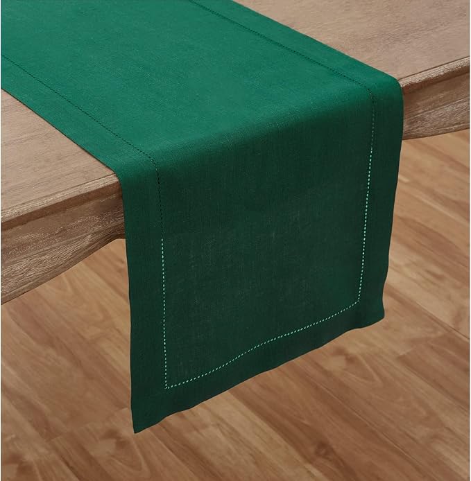 Solino Home Linen Rainforest Green Hemstitch Table Runner 48 Inches - 100% Pure Linen Small Table Runner 14 x 48 Inch Ideal for Dresser and Coffee Tables, St Patricks Day - Classic Hemstitch