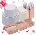 Goodluck 700 Piece Rose Gold Dinnerware Set for 100 Guests, Plastic Plates Disposable for Party, Include: 100 Dinner Plates, 100 Dessert Plates, 100 Paper Napkins, 100 Cups, 100 Silverware Set