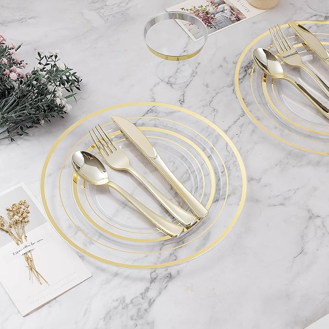 BESTVIP 200PCS Clear Gold Plastic Plate, Disposable Party Plates with 100 Dinner and 100 Dessert Plates, Plastic Plate for Party, Wedding and Birthday