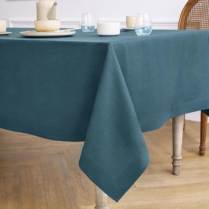 Solino Home Linen Tablecloth for Rectangle Tables 60 x 108 Inch - 100% Pure Linen Peacock Blue Table Cloth - Fete, Machine Washable Cloth Tablecloth for Winter
