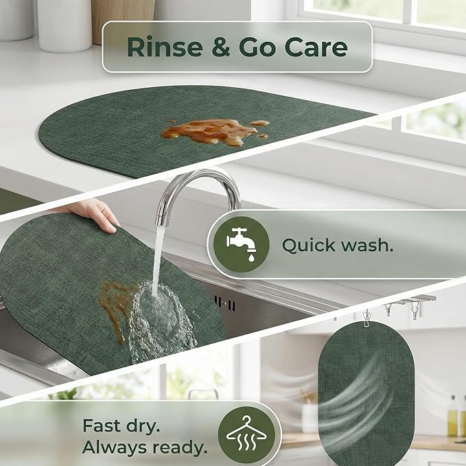 Placemats Set of 6 - Washable Heat Resistant Table Placemats - Wipeable Faux Leather Oval Place Mats, Waterproof Table Mats for Dining Table, Green