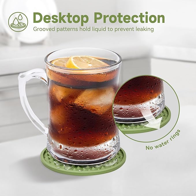 Coasters for Drinks, Silicone Coasters Set of 6 with Metal Holder, Outdoor Coaster for Coffee Table, Non-Slip Rubber Table Cup Mat Desk, Heat Resistant & Scratch-Proof (Green)