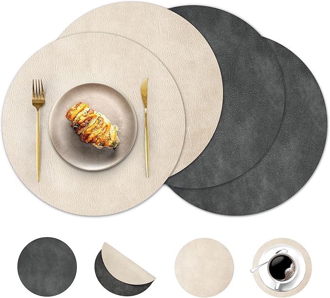 Round Placemats and Coasters Set of 4, Washable Reversible Faux Leather Placemats Cowhide Pattern Place Mats Wipeable Non-Slip 15 inch Round Kitchen Dining Table Mats (Gray Beige, 4)