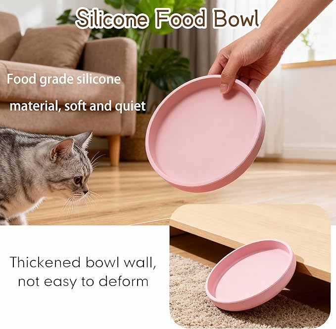 2 Pcs Silicone Cat Bowls Non-Slip Cat Dish for Dry & Wet Food Shallow Relief Whisker Fatigue Pet Bowl Set for Cats Small Dogs, Pink