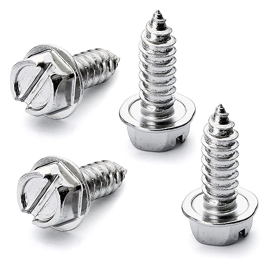 Chrome License Plate Screw Kit - Set of 4 Stainless Steel Fasteners for License Plates, Frames, and Covers on Domestic Cars, Trucks, Vans, SUVs - Rustproof, Self Tapping Mounting Bolts (Chrome Plated)