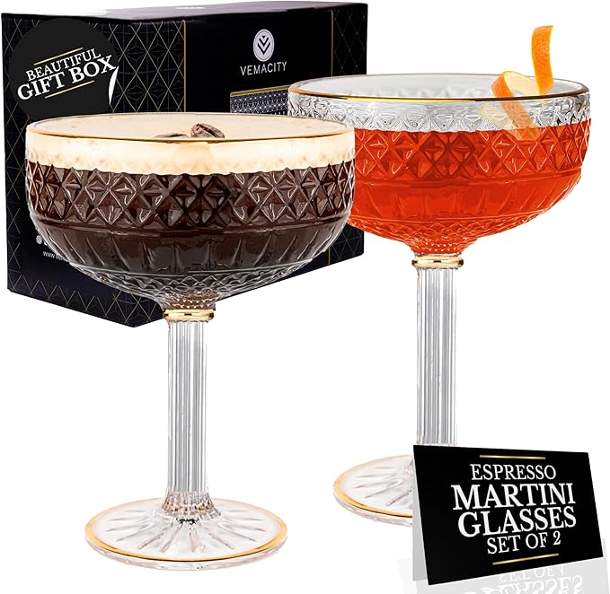 VEMACITY - Embossed Espresso Martini Glasses Set of 2 (10oz) - Gold Rim Coupe Glasses for Cocktails, Champagne & Margaritas - Vintage Art Deco Design | Ideal for Martinis and Margaritas