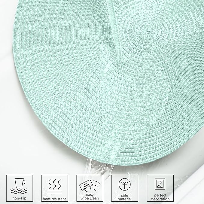 AHHFSMEI Round Braided Placemats 15 Inch Round Table Mats for Dining Tables Natural Woven Heat Resistant Place mats Set of 6 (Mint Green)
