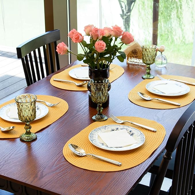 Noctiflorous Oval Braided Placemats Set of 4 Woven 12x18 Inch Non Slip Washable Heat Resistant Place Mats Round Tablemats for Dining Kitchen Party Daily Table Decor Dinner Mats (Solid Yellow, 4)