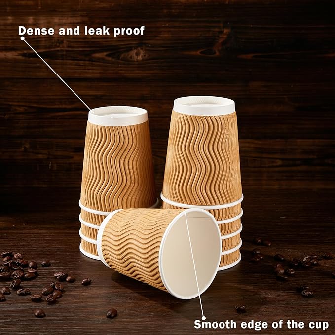 150 Pack 8 oz Coffee Cups, Disposable Corrugated Insulated Ripple Wall Paper Coffee Cups 8 OZ for Hot or Cold Drinks Office Home Cafe Party Travel (Champagne)