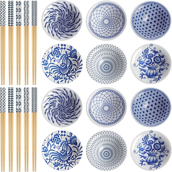 Chopstick & Dish Set, 10 Pairs 8.8 Inch Natural Bamboo Chopsticks and 12 Pcs 3.2 Inch Indigo Ceramic Dipping Bowls, Reusable Bamboo Utensils & Small Dip Plates for Sushi, Home Kitchen, Party