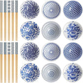 Chopstick & Dish Set, 10 Pairs 8.8 Inch Natural Bamboo Chopsticks and 12 Pcs 3.2 Inch Indigo Ceramic Dipping Bowls, Reusable Bamboo Utensils & Small Dip Plates for Sushi, Home Kitchen, Party