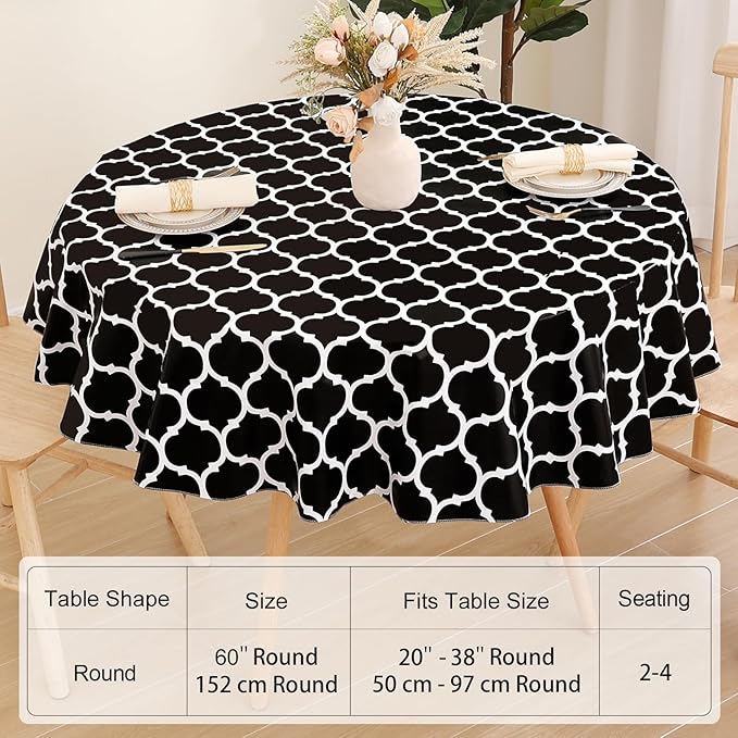 Smiry Round Plastic Table Cloth, Waterproof Vinyl Tablecloth with Flannel Backing for Round Tables, Wipeable Spillproof Tablecloths for Dining, Camping, Indoor and Outdoor (60" Round, Black)