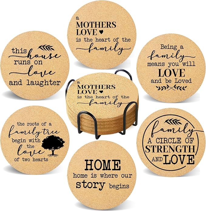 Coasters for Drinks with Holder Set of 6, Family Coasters Home&Love Coaster for New Home Couples House Warming Gifts Absorbent Cork Wood for Cup Desk Coffee Table Office Kitchen Decor, Round 4"
